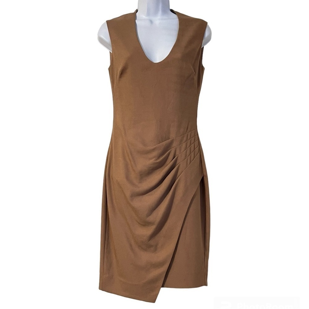 L’AGENCE V-Neck Sheath Ruched Sleeveless Knee Length Dress in Tan Sz 4